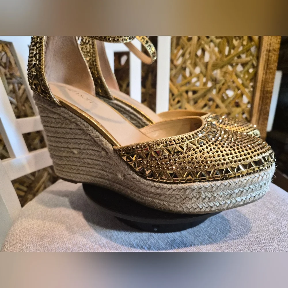 Gold Embellished Espadrille Wedge Sandal with Ankle Strap